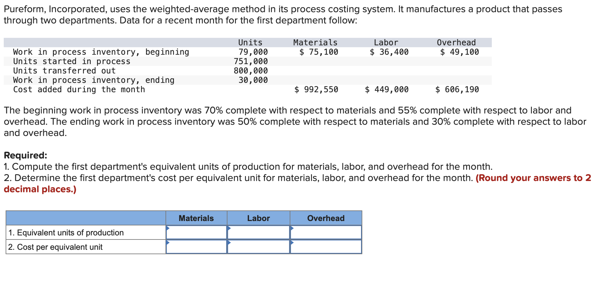  Pureform, Incorporated, uses the weighted-average method in its process costing system.