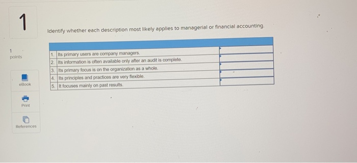  Identify whether each description most likely applies to managerial or financial