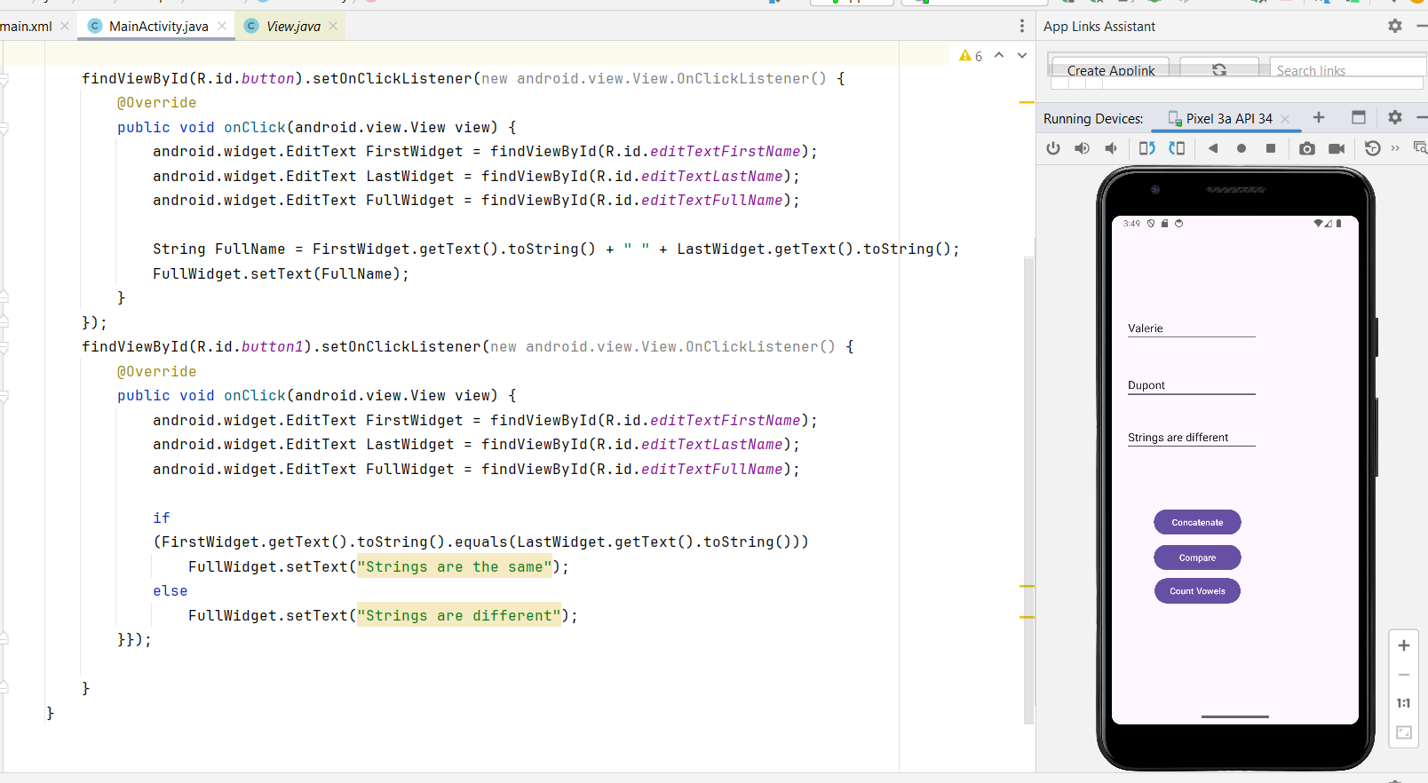  Java Android Studio project: set up 3 text boxes and 3