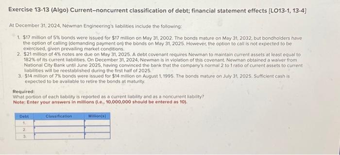  Exercise 13-13 (Algo) Current-noncurrent classification of debt; financial statement effects [LO13-1,