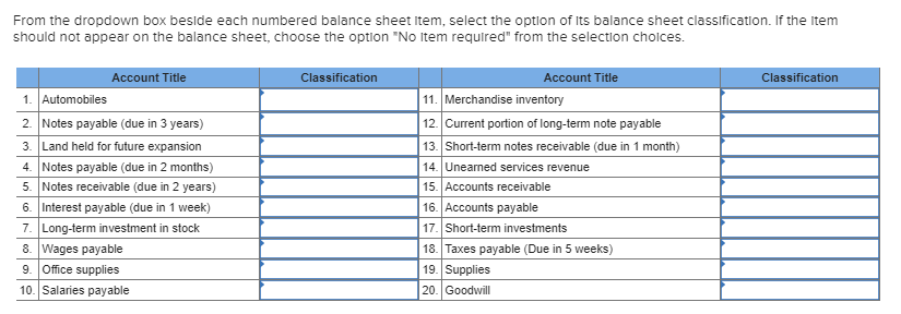 From the dropdown box beside each numbered balance sheet item, select
