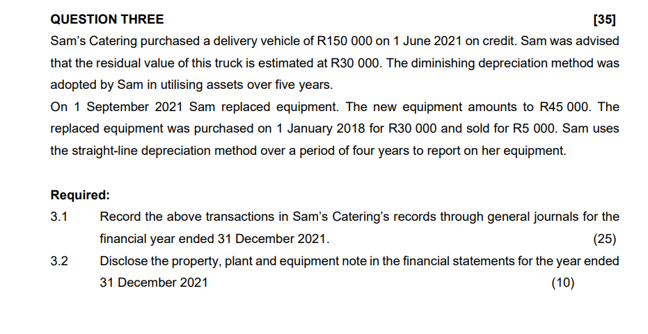  * Depreciation rate is not given. QUESTION THREE [35] Sam's Catering