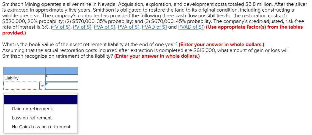  Smithson Mining operates a silver mine in Nevada. Acquisition, exploration, and