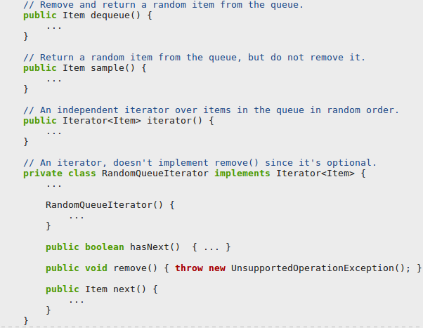 data type ResizingArrayRandomQueue in ResizingArrayRandomQueue.java that uses a resizing array to implement