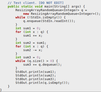 to the same randomized queue must be mutually independent; each iterator must