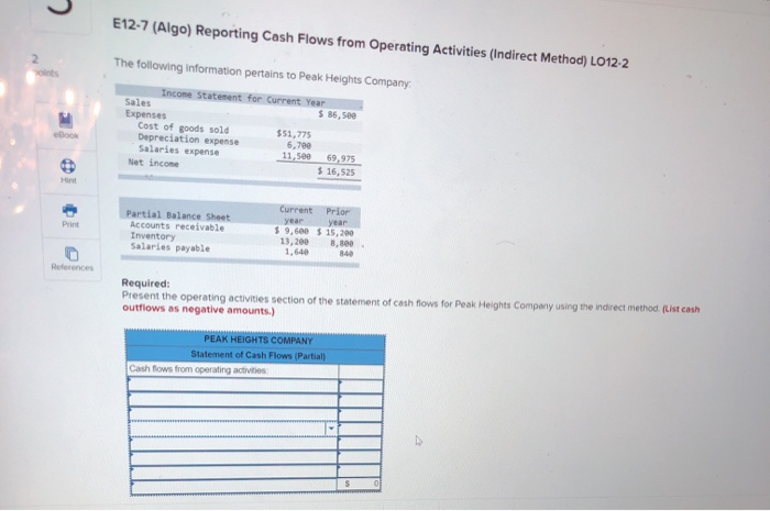  E12-7 (Algo) Reporting Cash Flows from Operating Activities (Indirect Method) LO12-2
