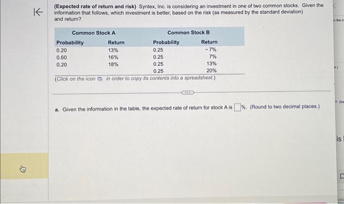 please help solve steps 1-5. TY! (Expected rate of return and risk)