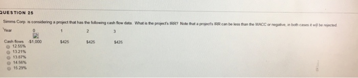  Simms Corp. is considering a project that has the following cash