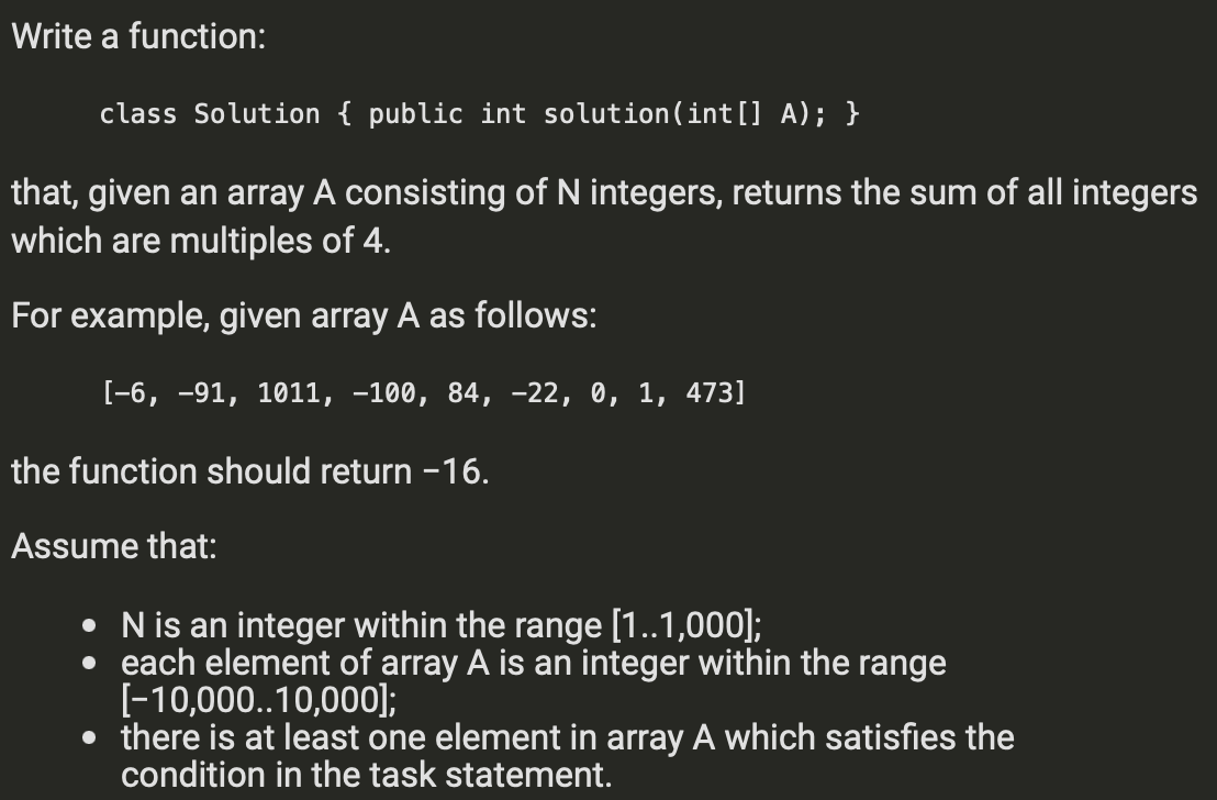 Solution in Java or Python only classSolution{publicintsolution(int[]A);} that, given an array A
