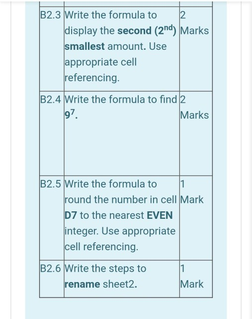 for each question in the correct format based on the Excel table