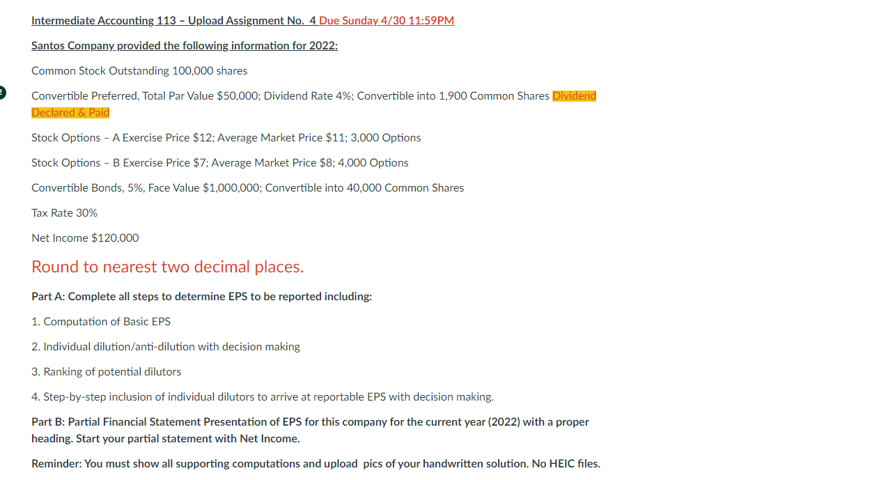Intermediate Accounting 113 - Upload Assignment No. 4 Due Sunday 4/30