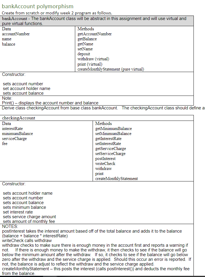  bankAccount polymorphisnm Create from scratch or modify week 2 program as