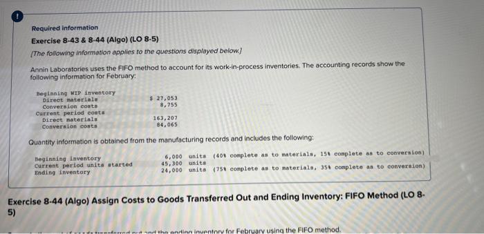 Required information Exercise 8-43 \& 8-44 (Algo) (LO 8-5) [The following
