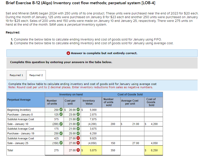  Brief Exercise 8-12(Algo) Inventory cost flow methods; perpetual system [LO8-4] Salt