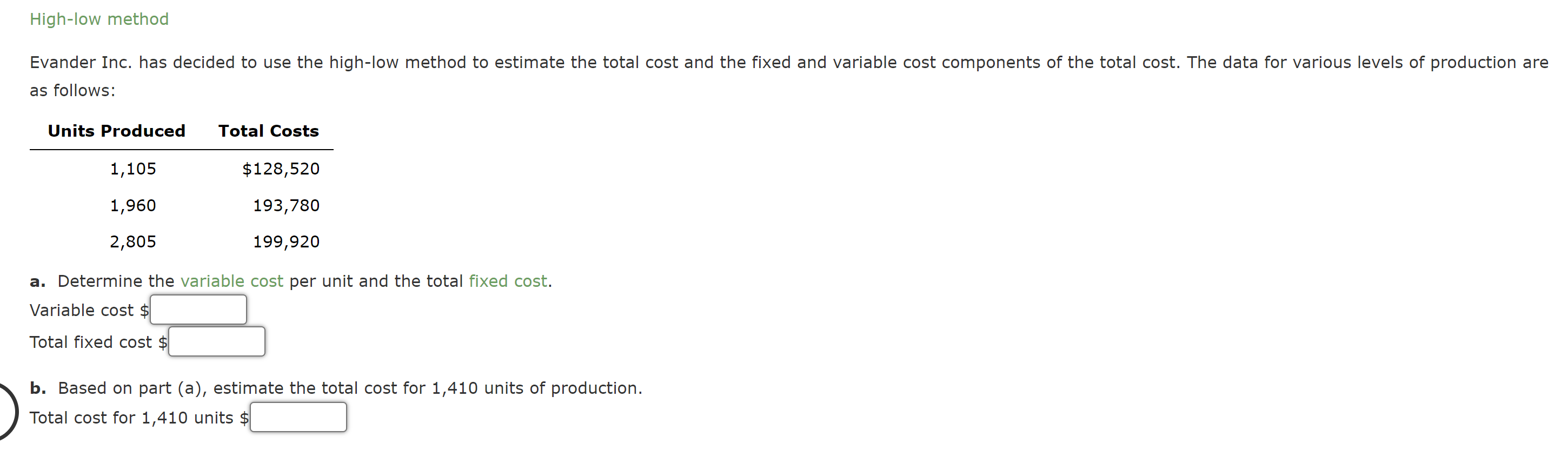  High-low method as follows: a. Determine the variable cost per unit