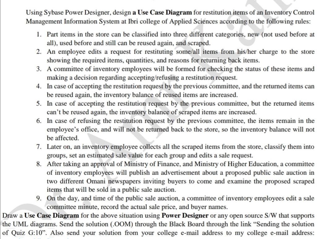 Using Sybase Power Designer, design a Use Case Diagram for restitution