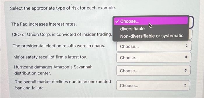  Select the appropriate type of risk for each example. The Fed