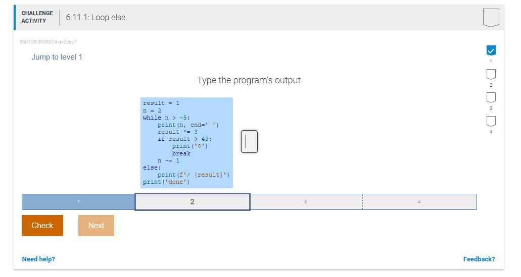  Jump to level 1 Type the program's output result =1 n=2