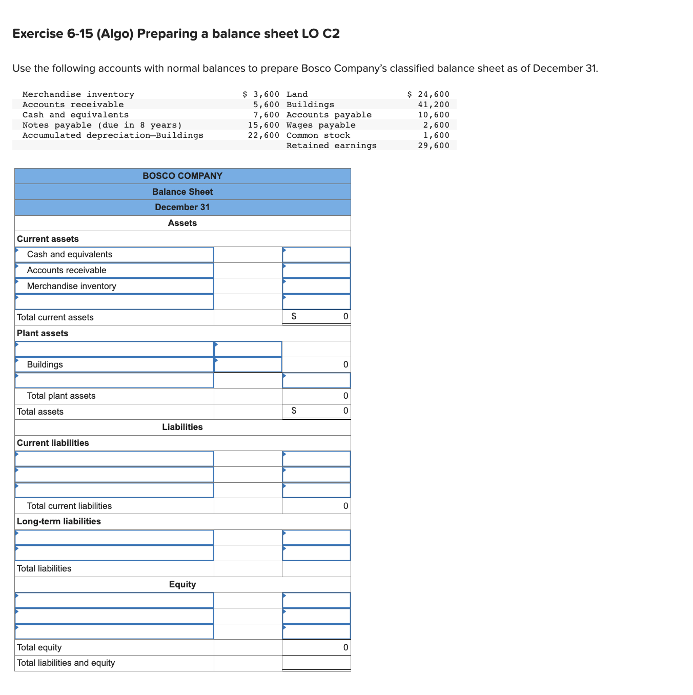 Exercise 6-15 (Algo) Preparing a balance sheet LO C2 Use the
