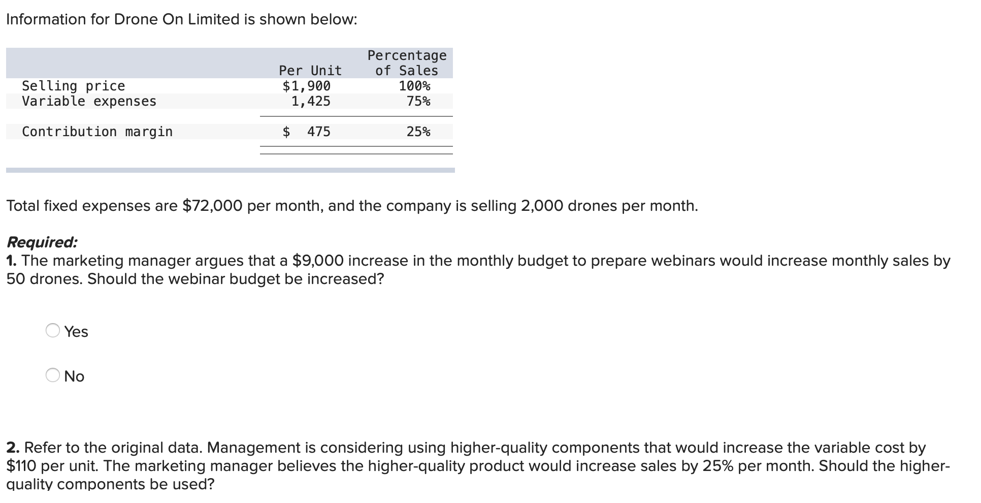 Information for Drone On Limited is shown below: Selling price Variable