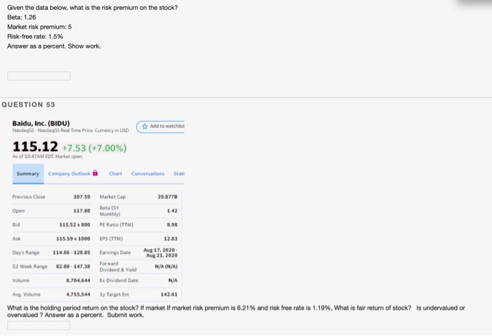  Given the data below, what is the risk premium on the