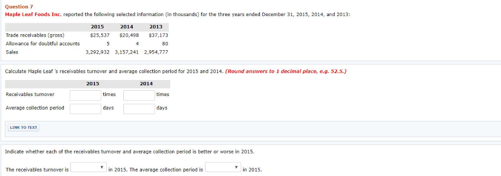  Question 7 Maple Leaf Foods Inc. reported the following selected information