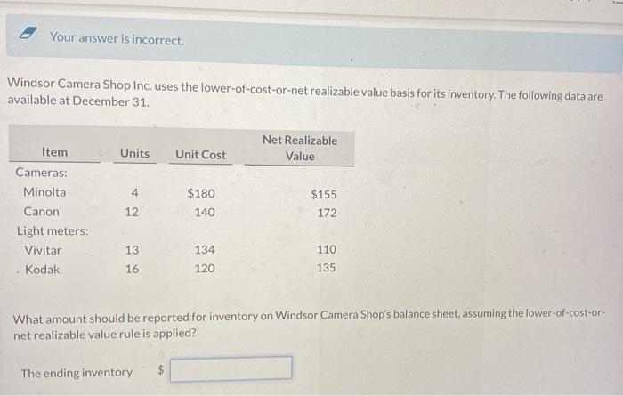  Your answer is incorrect: Windsor Camera Shop Inc. uses the lower-of-cost-or-net