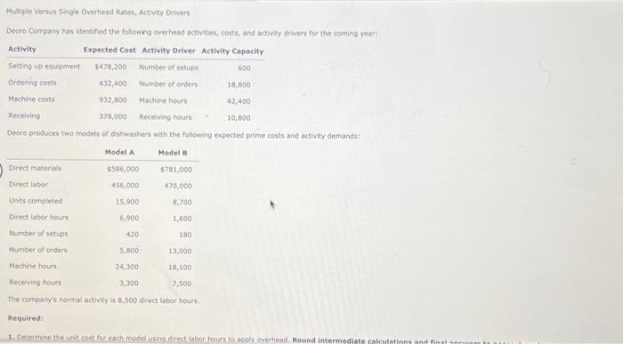 Multiple Versus Single Overhead Rates, Activity Drivers Deoro Company has identified