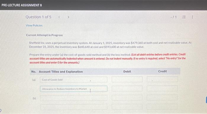 chapter 8 Current Attempt in Progress Sheffield Inc. uses a perpetual inventory