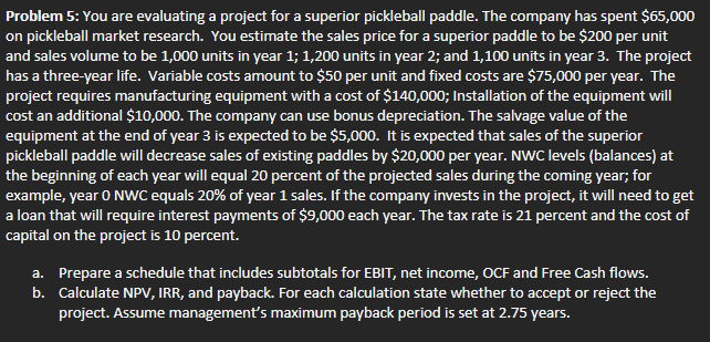 Problem 5: You are evaluating a project for a superior pickleball