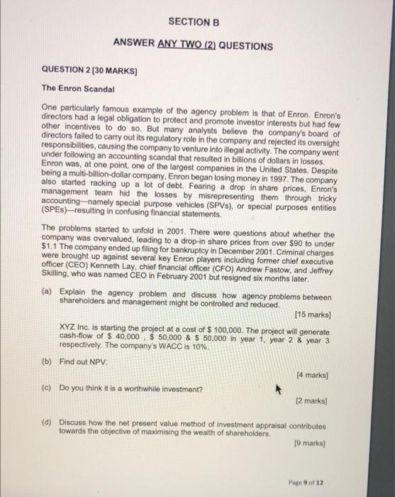  Detailed Answer please SECTION B ANSWER ANY TWO (2) QUESTIONS QUESTION