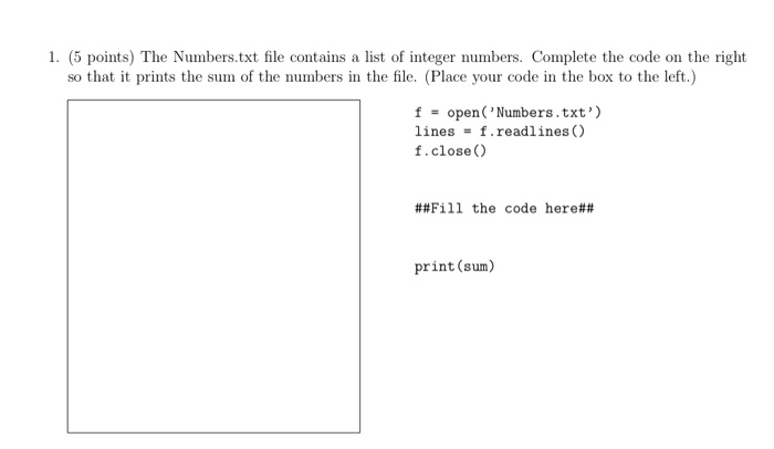 code in python show output 1. (5 points) The Numbers.txt file contains