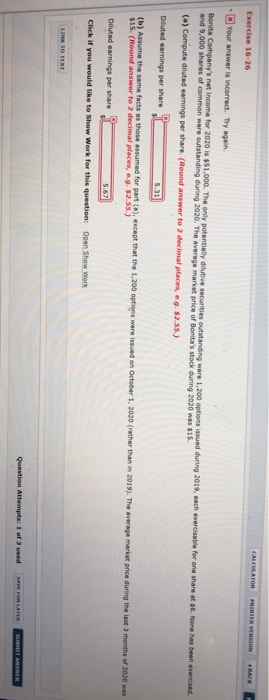  CALCULATOR Exercise 16-26 HINIER VERSION BACK Your answer is incorrect. Try