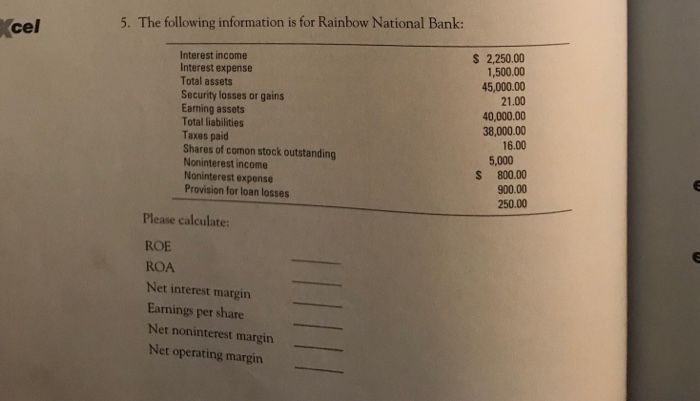  5. Please calculate: ROE ROA Net Interest Margin Earnings per share