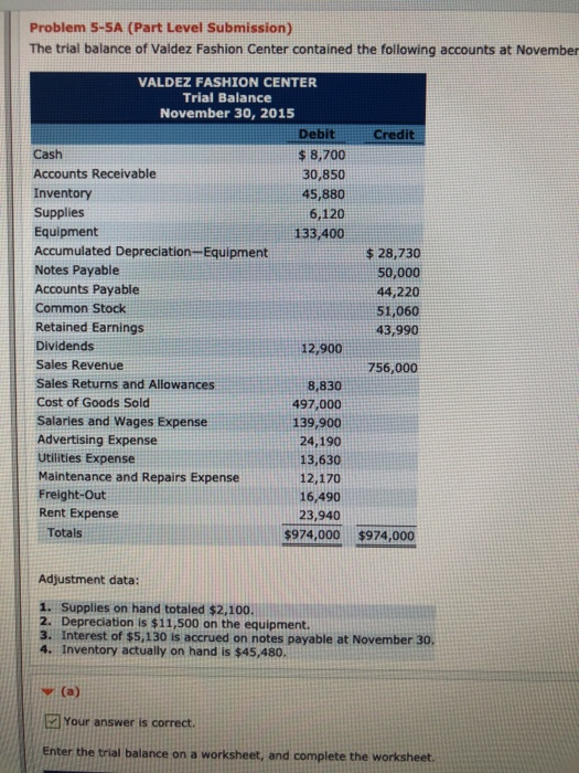  Please help. Problem 5-5A (Part Level Submission) The trial balance of