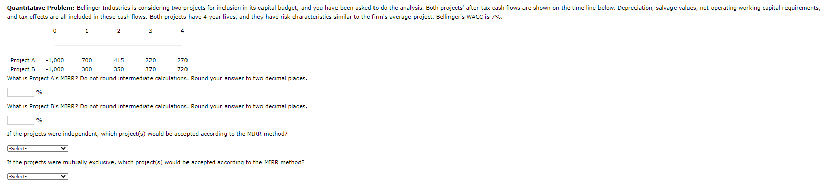 Quantitative Problem: Bellinger Industries is considering two projects for inclusion in