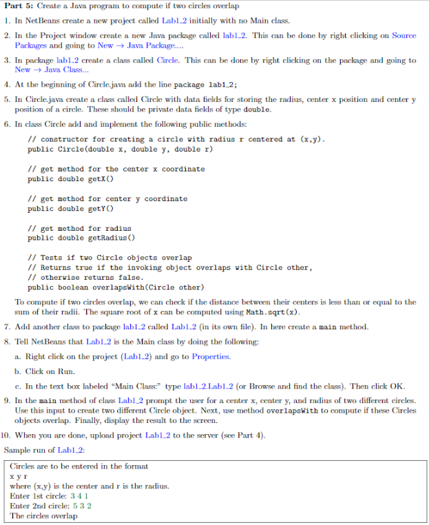  Part 5: Create a Java program to compute if two circles