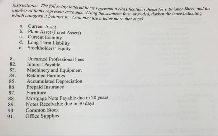  Instructions: The following lettered items represent a classification scheme for a