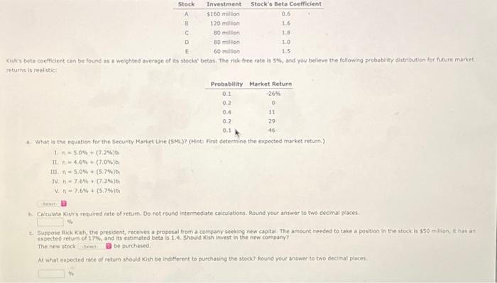  Stock Stock's Beta Coefficient A 0.6 B 1.6 C 1.8 D