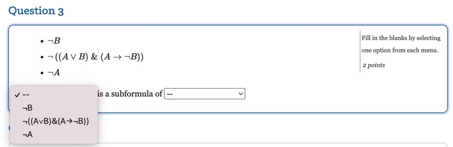  Question 3 notB not((AvvB)&(AnotB)) notA Fill in the blanks by selecting