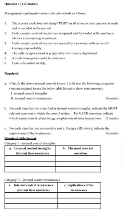  Question 17 (12 marks) Management implements various internal controls as follows: