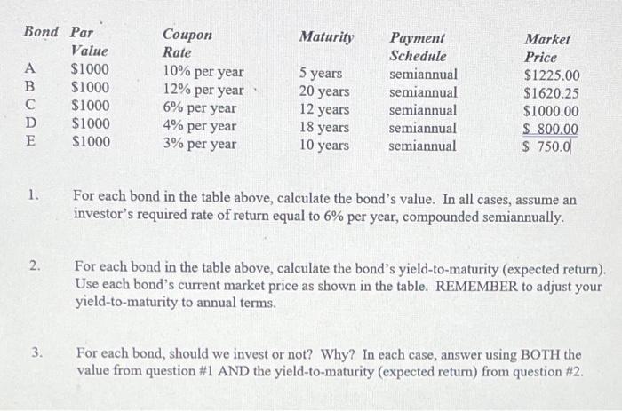 Question 3 please! 1. For each bond in the table above, calculate