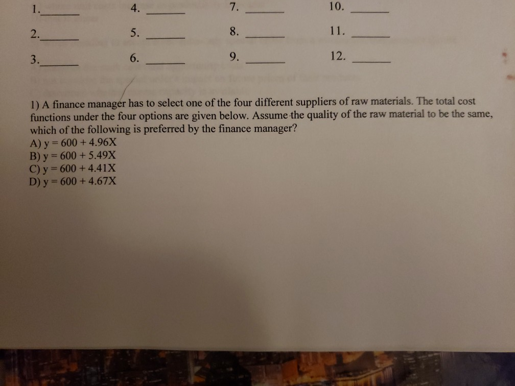  10. 7. 4 5. 2. 12. 9. 3. 1) A finance
