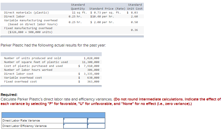  Direct materials (plastic) Direct labor Variable manufacturing overhead (based on direct