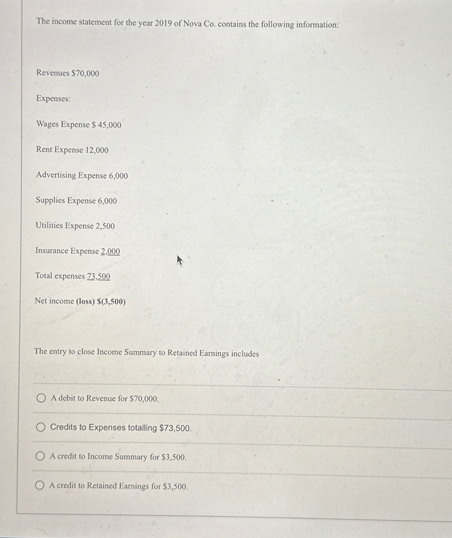  The income statement for the year 2019 of Nova Co. contains