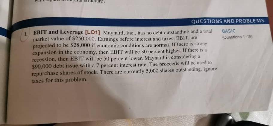 Question 1 QUESTIONS AND PROBLEMS 1. EBIT and Leverage [LO1] Maynard, Inc.,