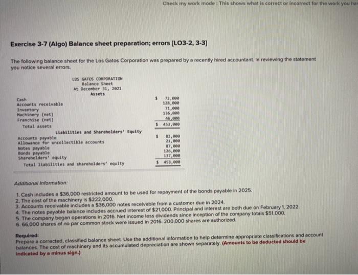  Exercise 3-7 (Algo) Balance sheet preparation; errors [LO3-2, 3-3] The following