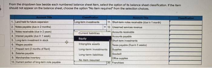  From the dropdown bok beside each numbered balance sheet item, select