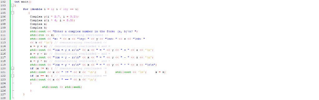and output of complex numbers via overloaded + and - operators, respectively