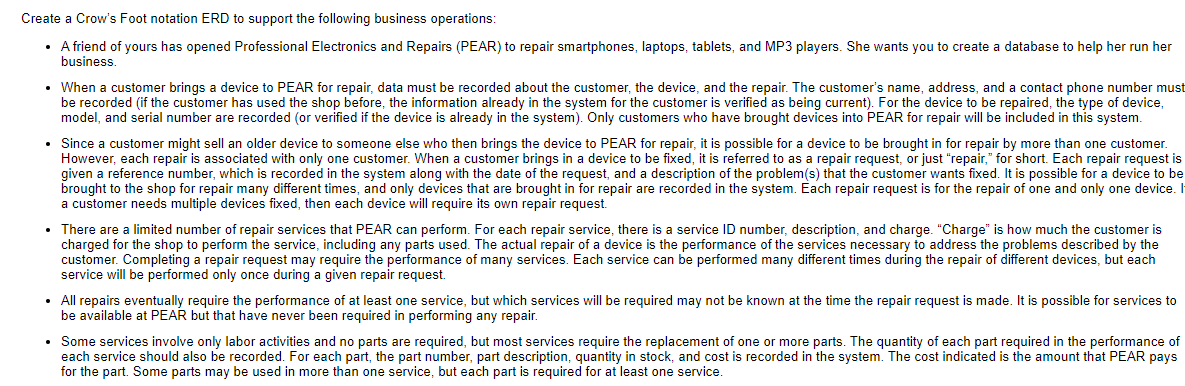  Create a Crow's Foot notation ERD to support the following business